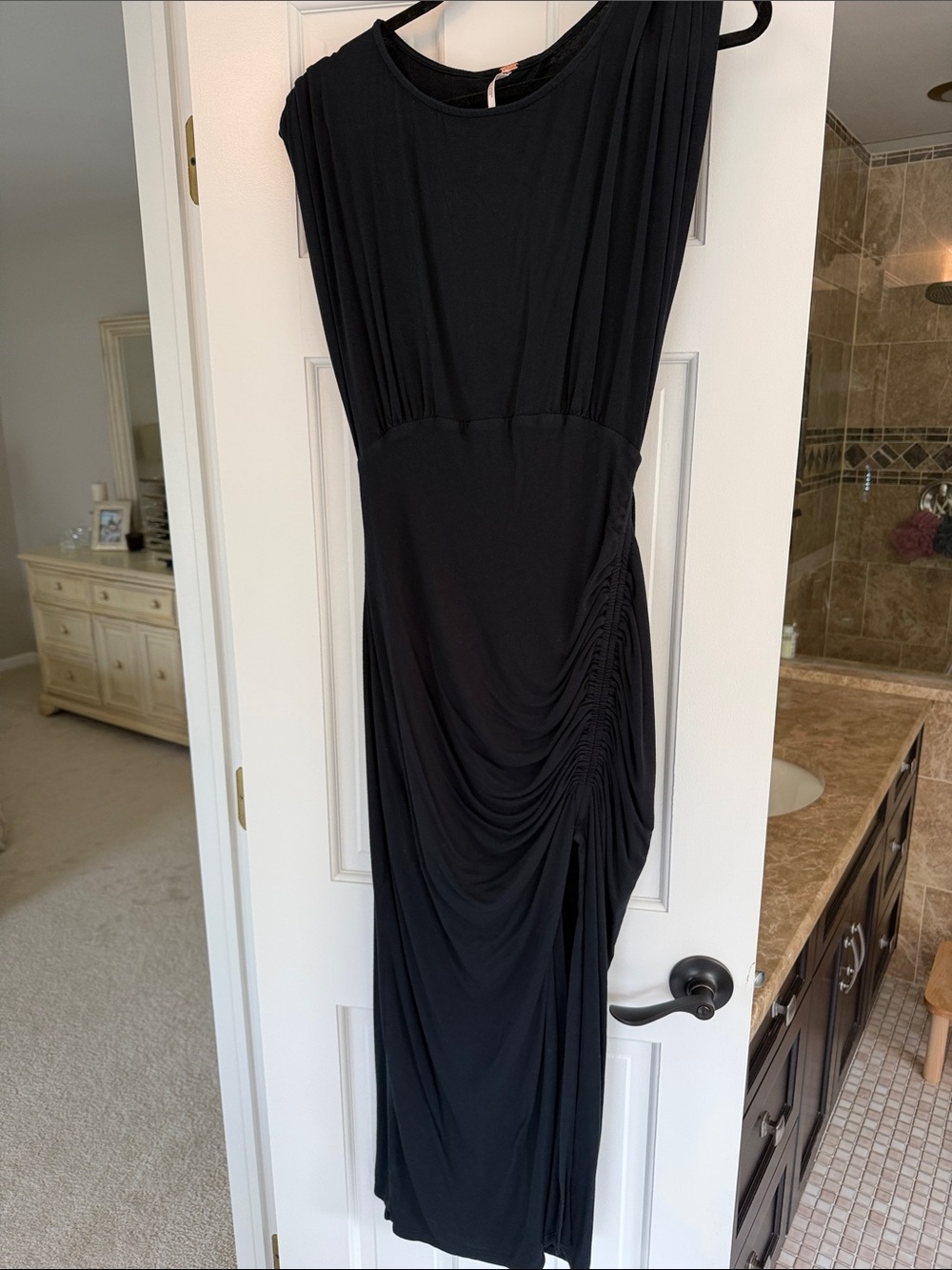 Black Ruched Midi Dress - Women's Elegant Draped Dress